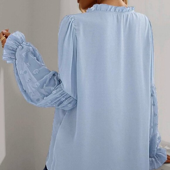 Baby Blue Casual Womens Swiss Dot Frill Trim Blouse - Picture 2 of 5